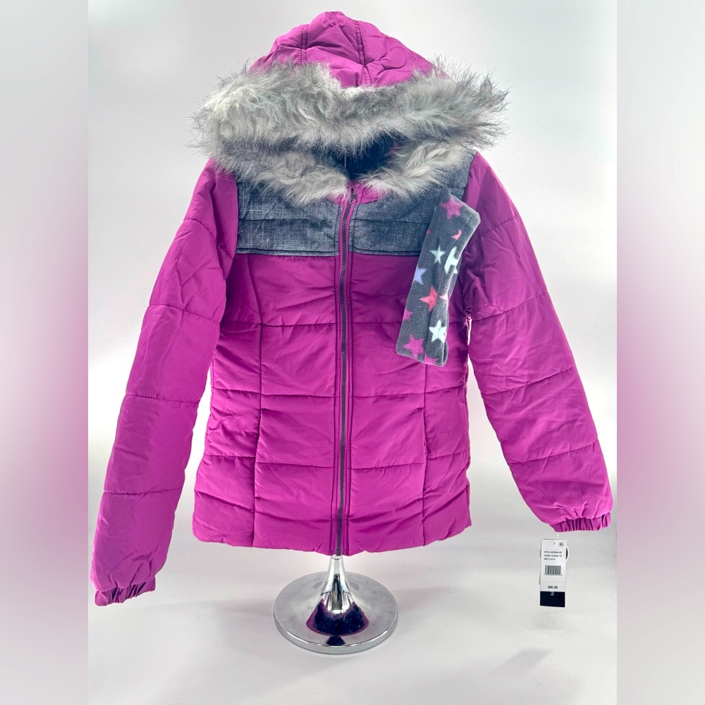 Girls Weathertamer Jacket Puffer Coat Size L 14/16 NEW 2pc Headband Faux Fur